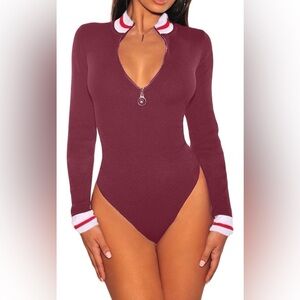 Wine Red Zip-Up Long Sleeve Bodysuit – Varsity Collar & Cuffs (Size L)
